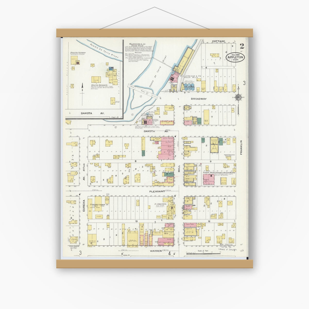 Old map wall art mockup — magnetic wood frame on white wall — Sanborn Fire Insurance Map from Appleton, Swift County, Minnesota (1909), Sheet #0002