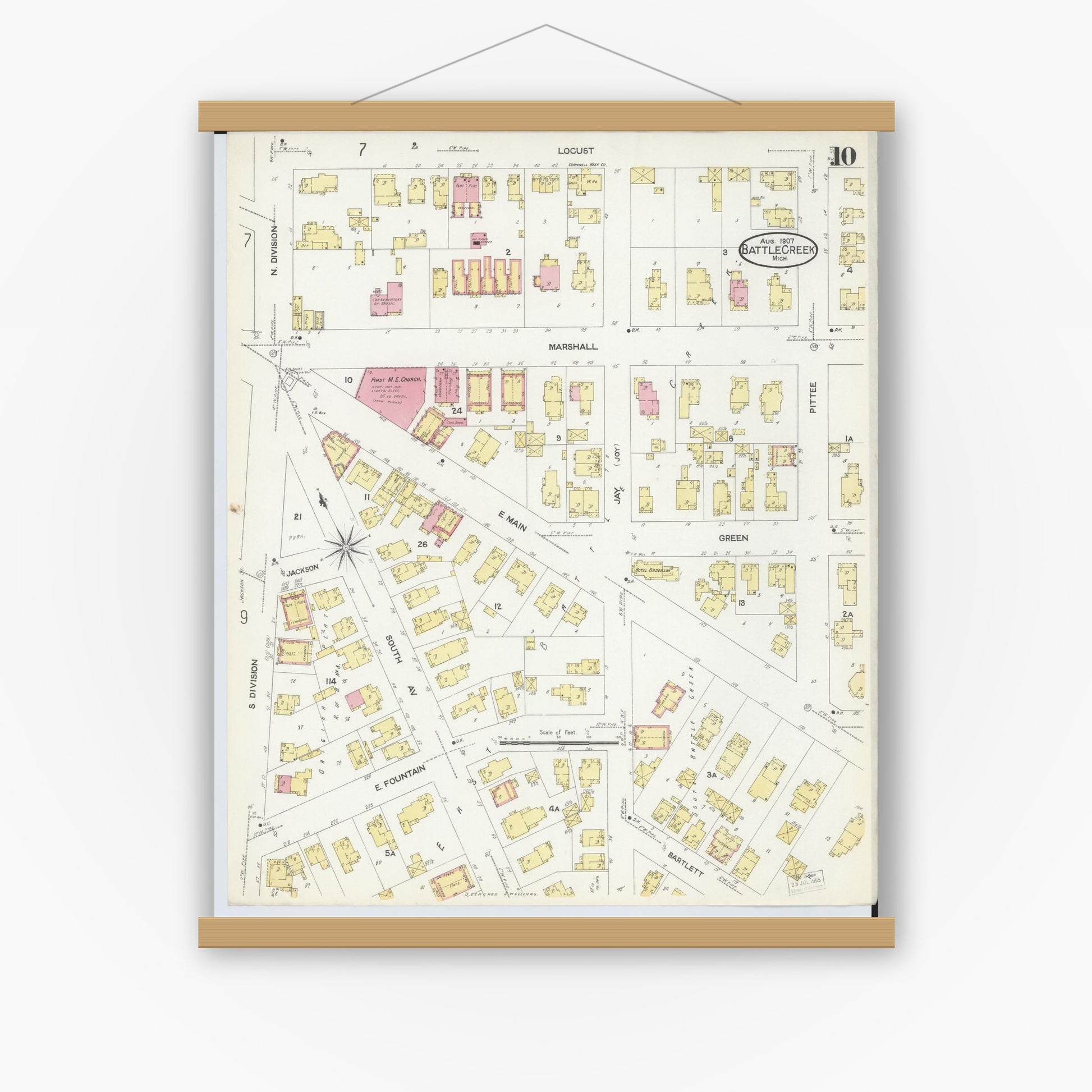 Old map wall art mockup — magnetic wood frame on white wall — Sanborn Fire Insurance Map from Battle Creek, Calhoun County, Michigan (1907), Sheet #0010