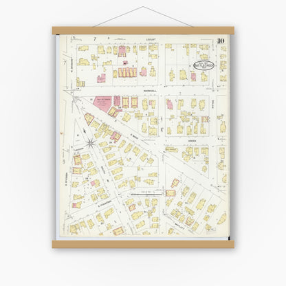 Old map wall art mockup — magnetic wood frame on white wall — Sanborn Fire Insurance Map from Battle Creek, Calhoun County, Michigan (1907), Sheet #0010