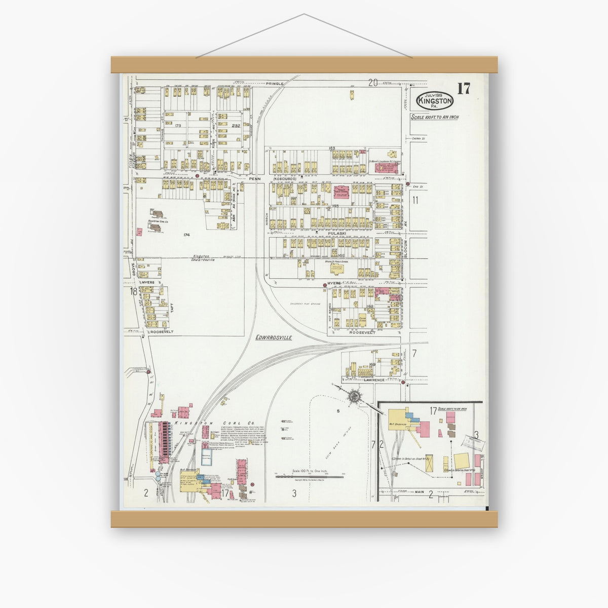 Old map wall art mockup — magnetic wood frame on white wall — Sanborn Fire Insurance Map from Kingston, Luzerne County, Pennsylvania (1919), Sheet #0017