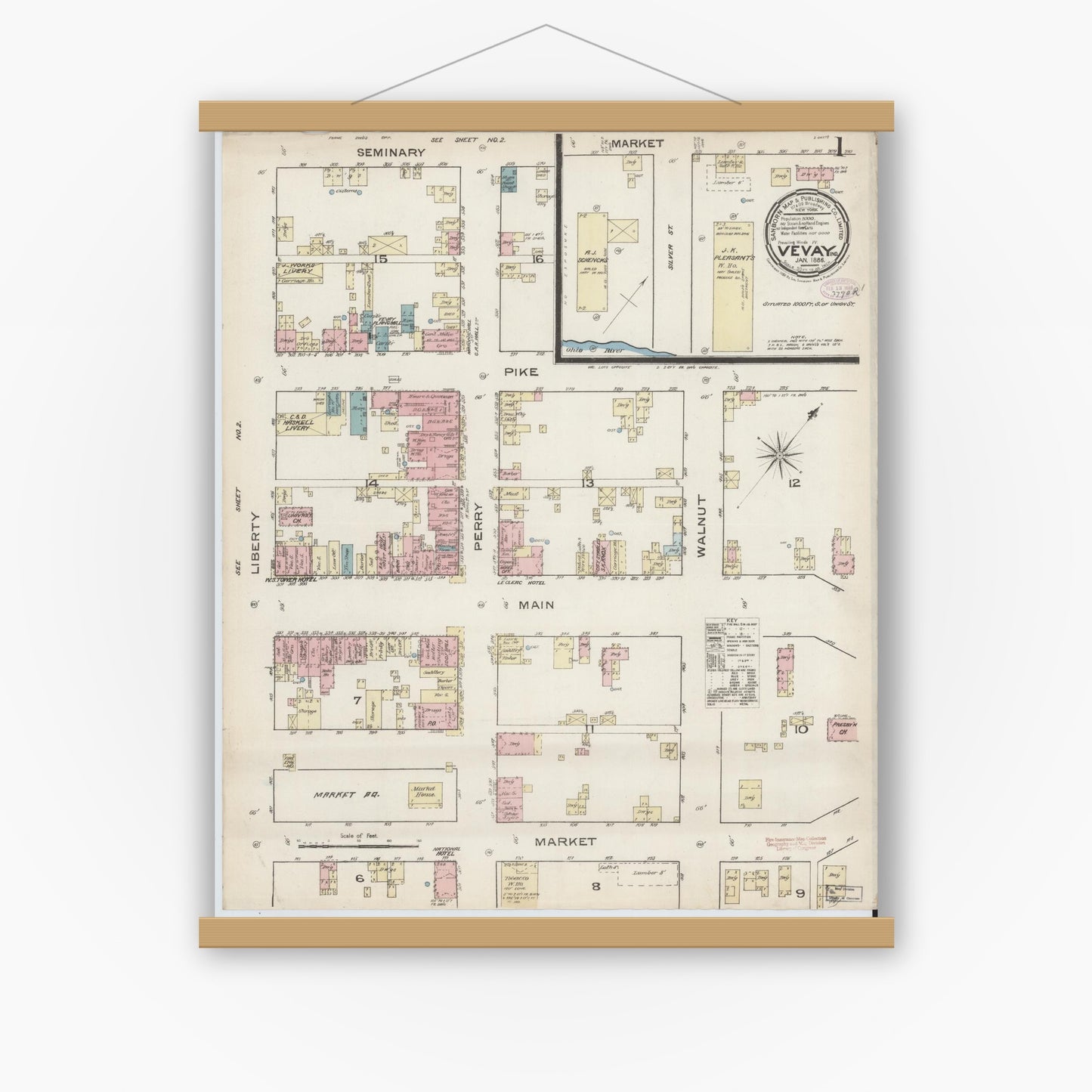 Old map wall art mockup — magnetic wood frame on white wall — Sanborn Fire Insurance Map from Vevay, Switzerland County, Indiana (1886), Sheet #0001