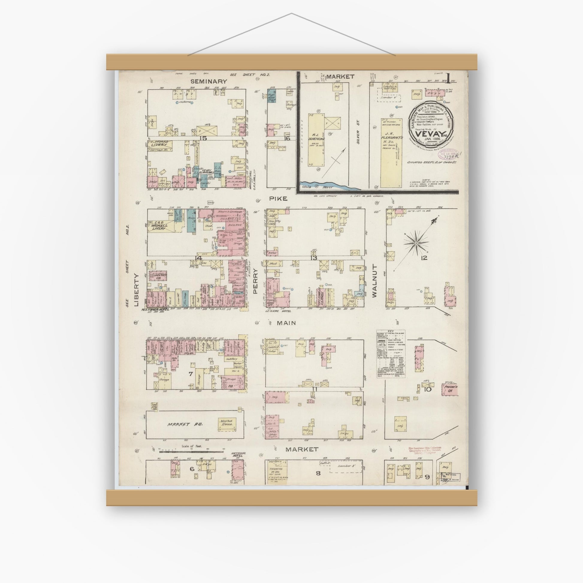 Old map wall art mockup — magnetic wood frame on white wall — Sanborn Fire Insurance Map from Vevay, Switzerland County, Indiana (1886), Sheet #0001