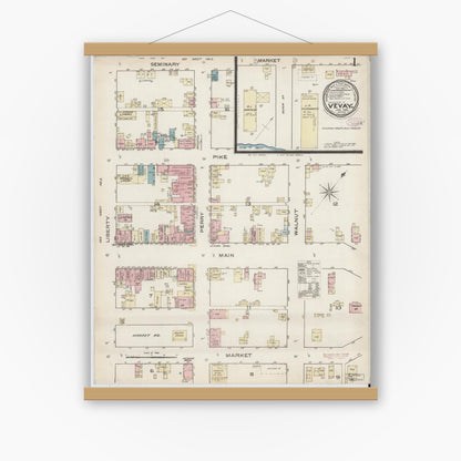 Old map wall art mockup — magnetic wood frame on white wall — Sanborn Fire Insurance Map from Vevay, Switzerland County, Indiana (1886), Sheet #0001