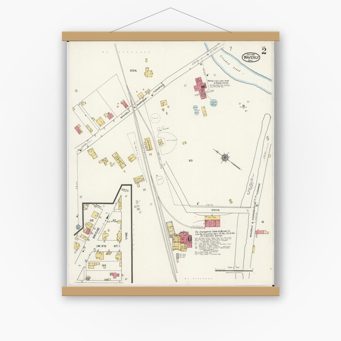 Old map wall art mockup — magnetic wood frame on white wall — Sanborn Fire Insurance Map from Waverly, Pike County, Ohio (1921), Sheet #0002