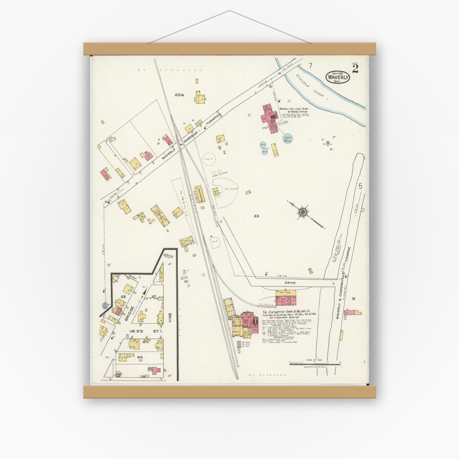 Old map wall art mockup — magnetic wood frame on white wall — Sanborn Fire Insurance Map from Waverly, Pike County, Ohio (1921), Sheet #0002