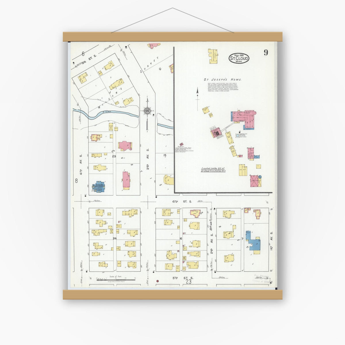 Old map wall art mockup — magnetic wood frame on white wall — Sanborn Fire Insurance Map from Saint Cloud, Stearns, Benton, and Sherburne Counties, Minnesota (1919), Sheet #0009