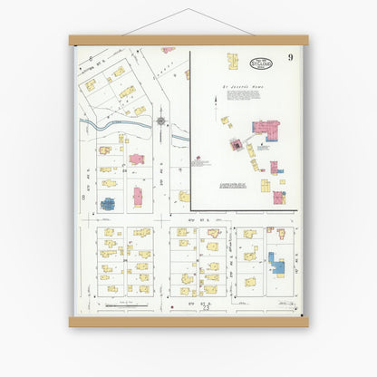 Old map wall art mockup — magnetic wood frame on white wall — Sanborn Fire Insurance Map from Saint Cloud, Stearns, Benton, and Sherburne Counties, Minnesota (1919), Sheet #0009