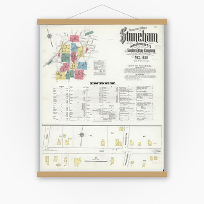 Old map wall art mockup — magnetic wood frame on white wall — Sanborn Fire Insurance Map from Stoneham, Middlesex County, Massachusetts (1909), Sheet #0001