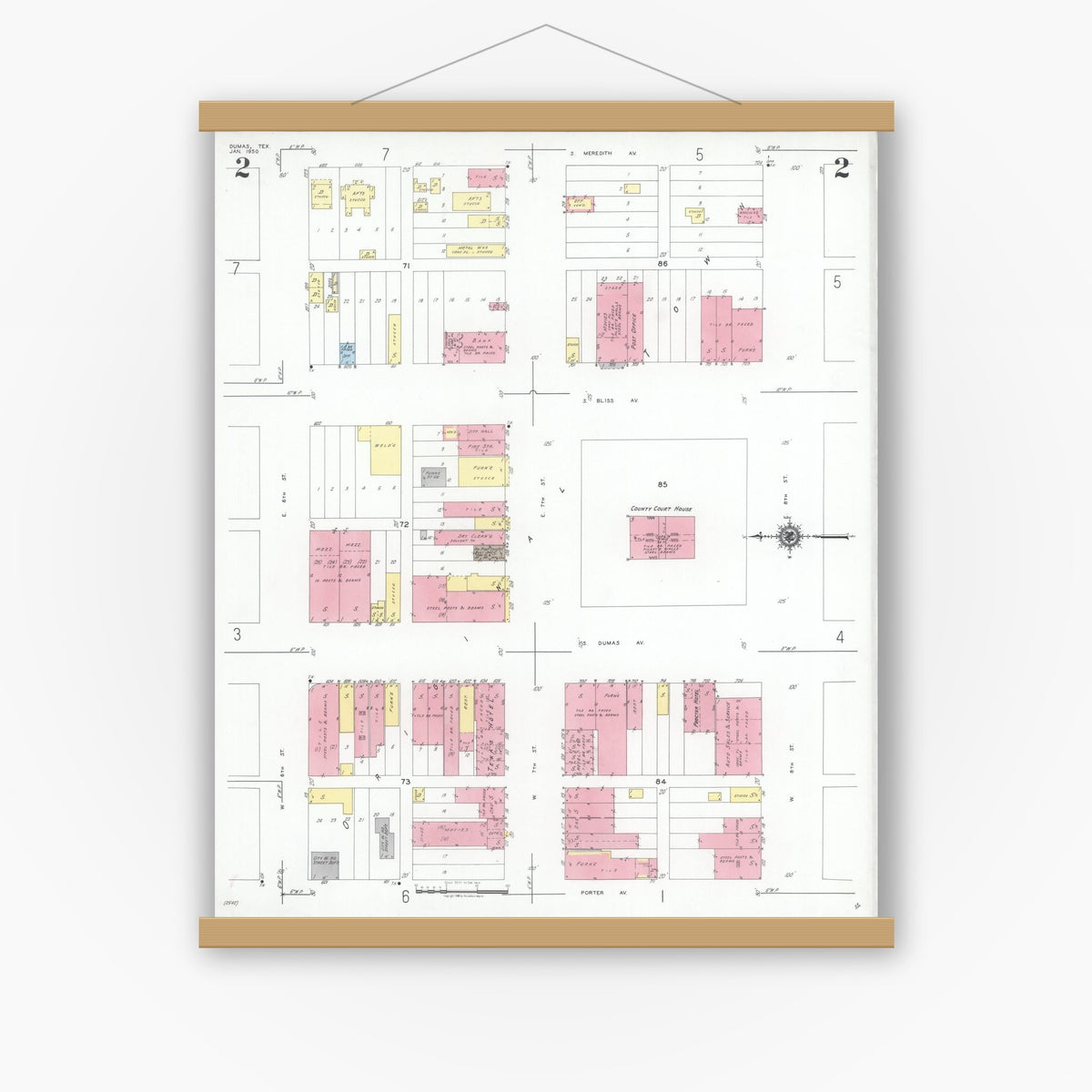 Old map wall art mockup — magnetic wood frame on white wall — Sanborn Fire Insurance Map from Dumas, Moore County, Texas (1950), Sheet #0002