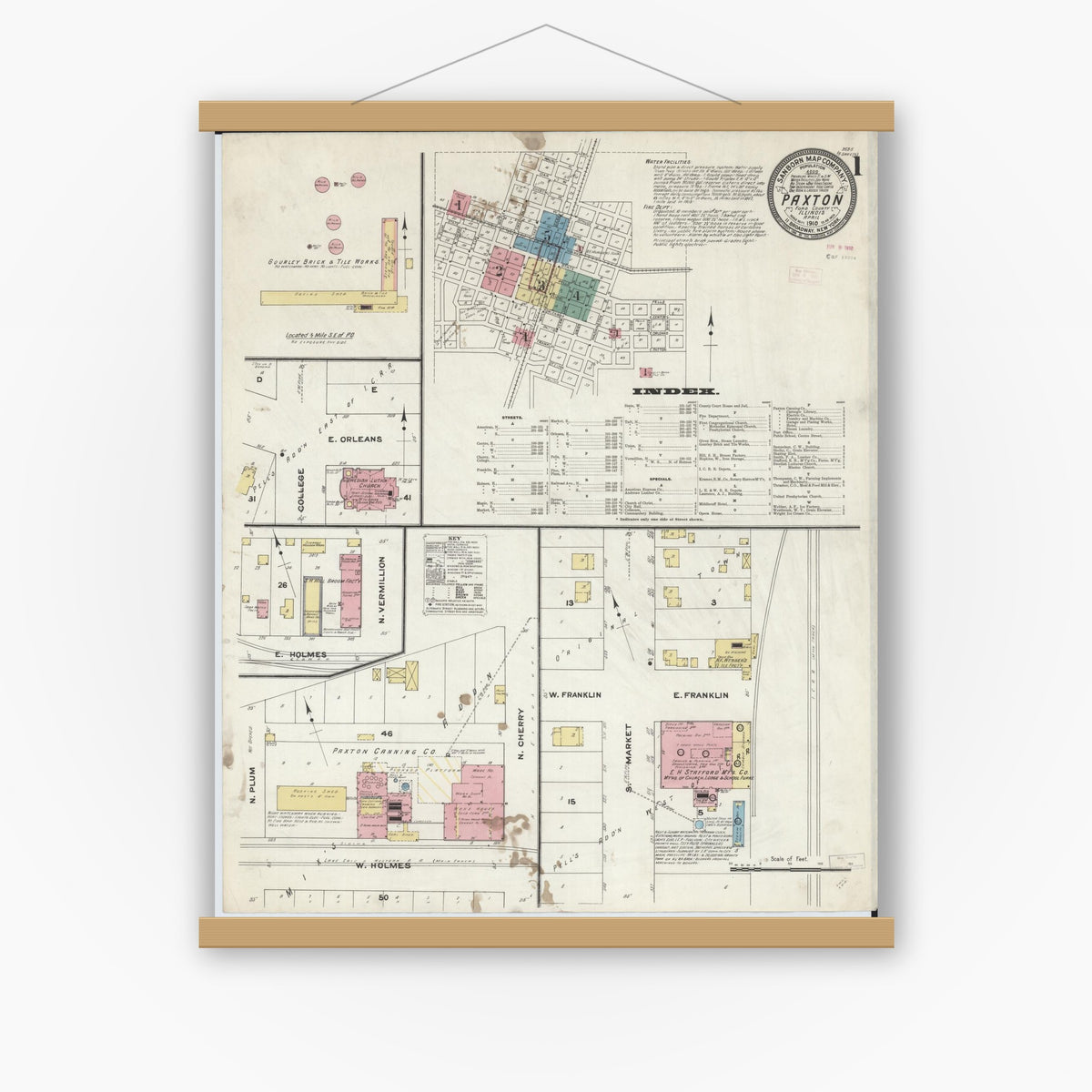 Old map wall art mockup — magnetic wood frame on white wall — Sanborn Fire Insurance Map from Paxton, Ford County, Illinois (1910), Sheet #0001