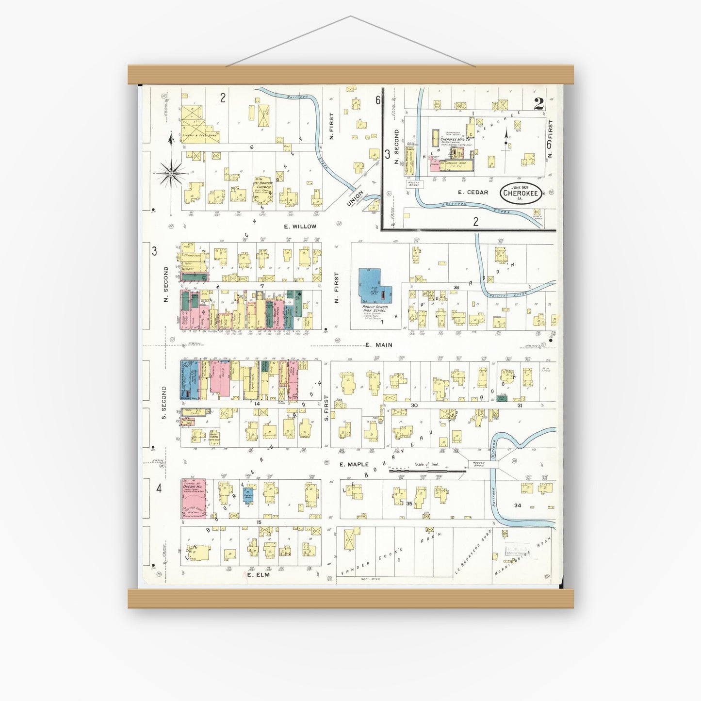Old map wall art mockup — magnetic wood frame on white wall — Sanborn Fire Insurance Map from Cherokee, Cherokee County, Iowa (1909), Sheet #0002
