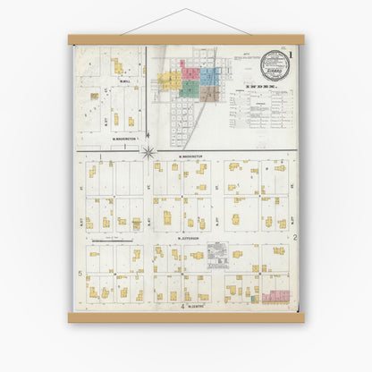 Old map wall art mockup — magnetic wood frame on white wall — Sanborn Fire Insurance Map from Girard, Macoupin County, Illinois (1900), Sheet #0001