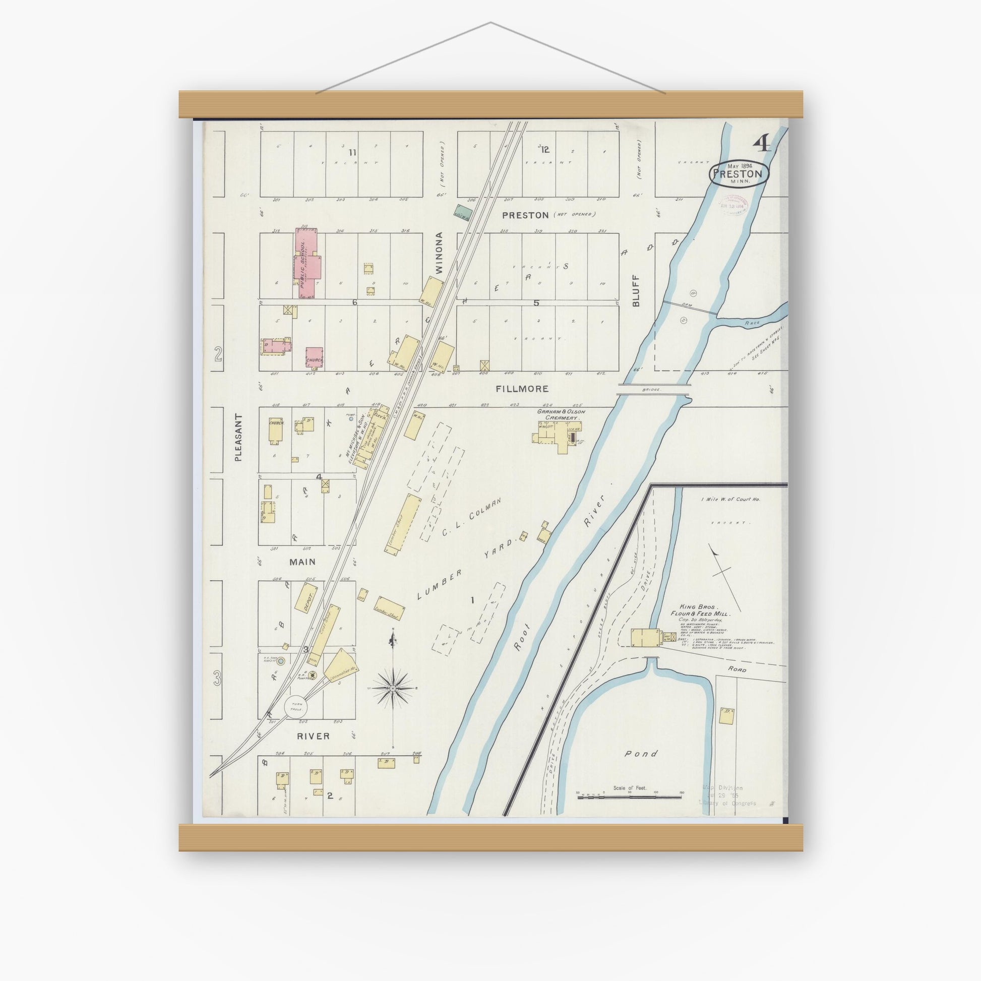 Old map wall art mockup — magnetic wood frame on white wall — Sanborn Fire Insurance Map from Preston, Fillmore County, Minnesota (1894), Sheet #0004