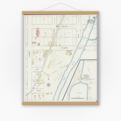 Old map wall art mockup — magnetic wood frame on white wall — Sanborn Fire Insurance Map from Preston, Fillmore County, Minnesota (1894), Sheet #0004