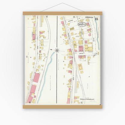 Old map wall art mockup — magnetic wood frame on white wall — Sanborn Fire Insurance Map from Brownsville, Fayette County, Pennsylvania (1907), Sheet #0015