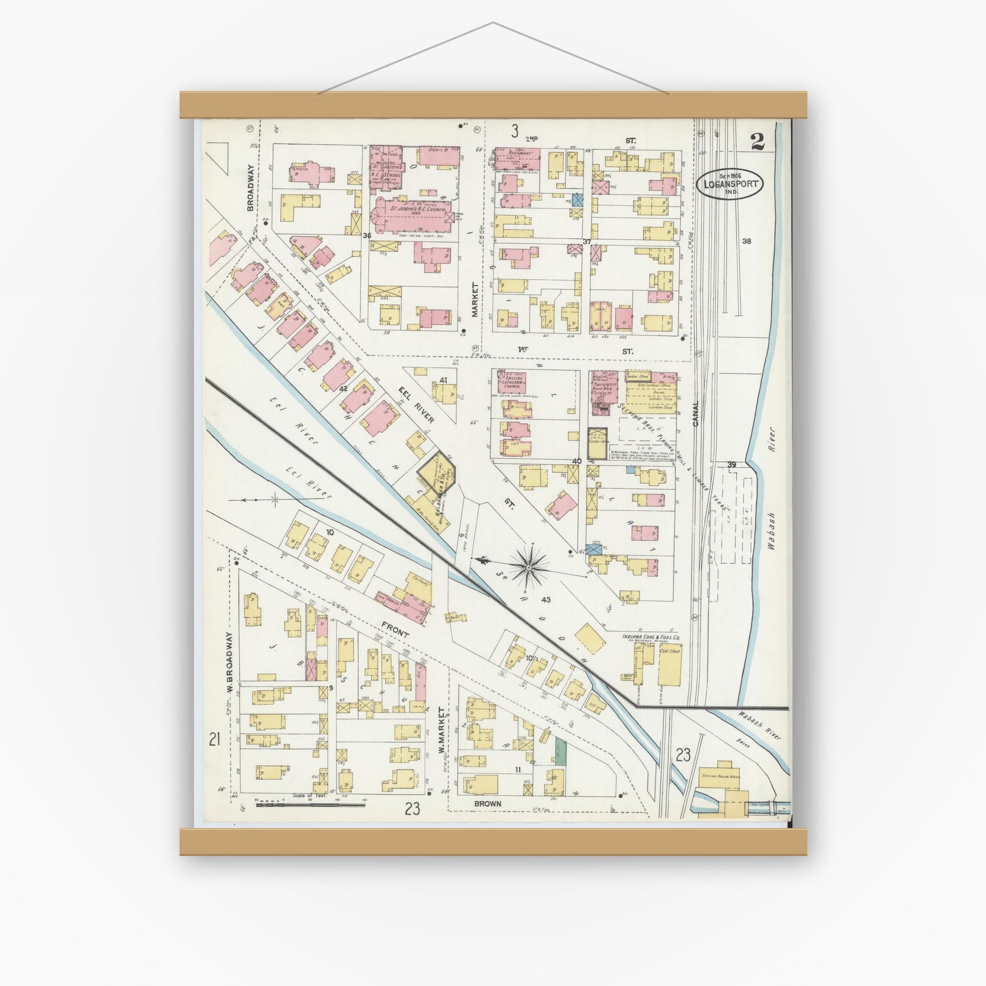 Old map wall art mockup — magnetic wood frame on white wall — Sanborn Fire Insurance Map from Logansport, Cass County, Indiana (1906), Sheet #0002