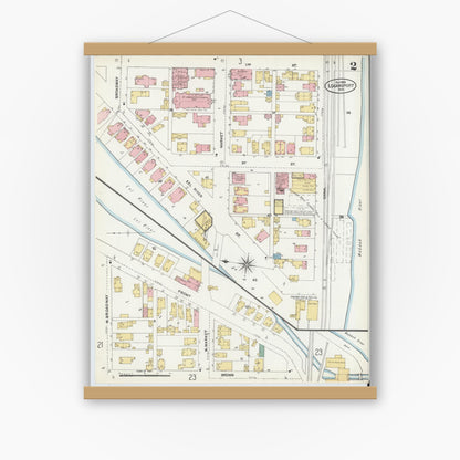 Old map wall art mockup — magnetic wood frame on white wall — Sanborn Fire Insurance Map from Logansport, Cass County, Indiana (1906), Sheet #0002