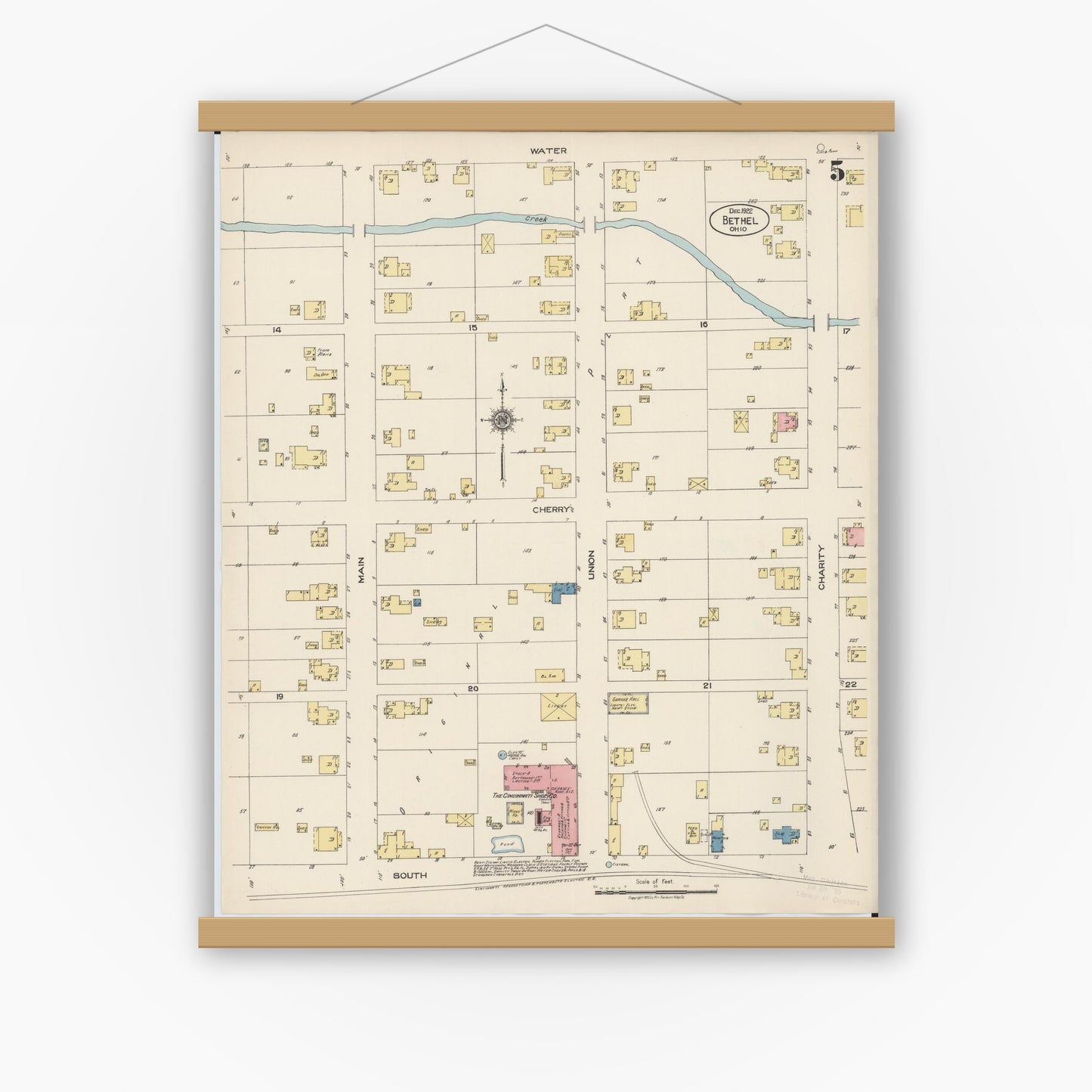 Old map wall art mockup — magnetic wood frame on white wall — Sanborn Fire Insurance Map from Bethel, Clermont County, Ohio (1922), Sheet #0005