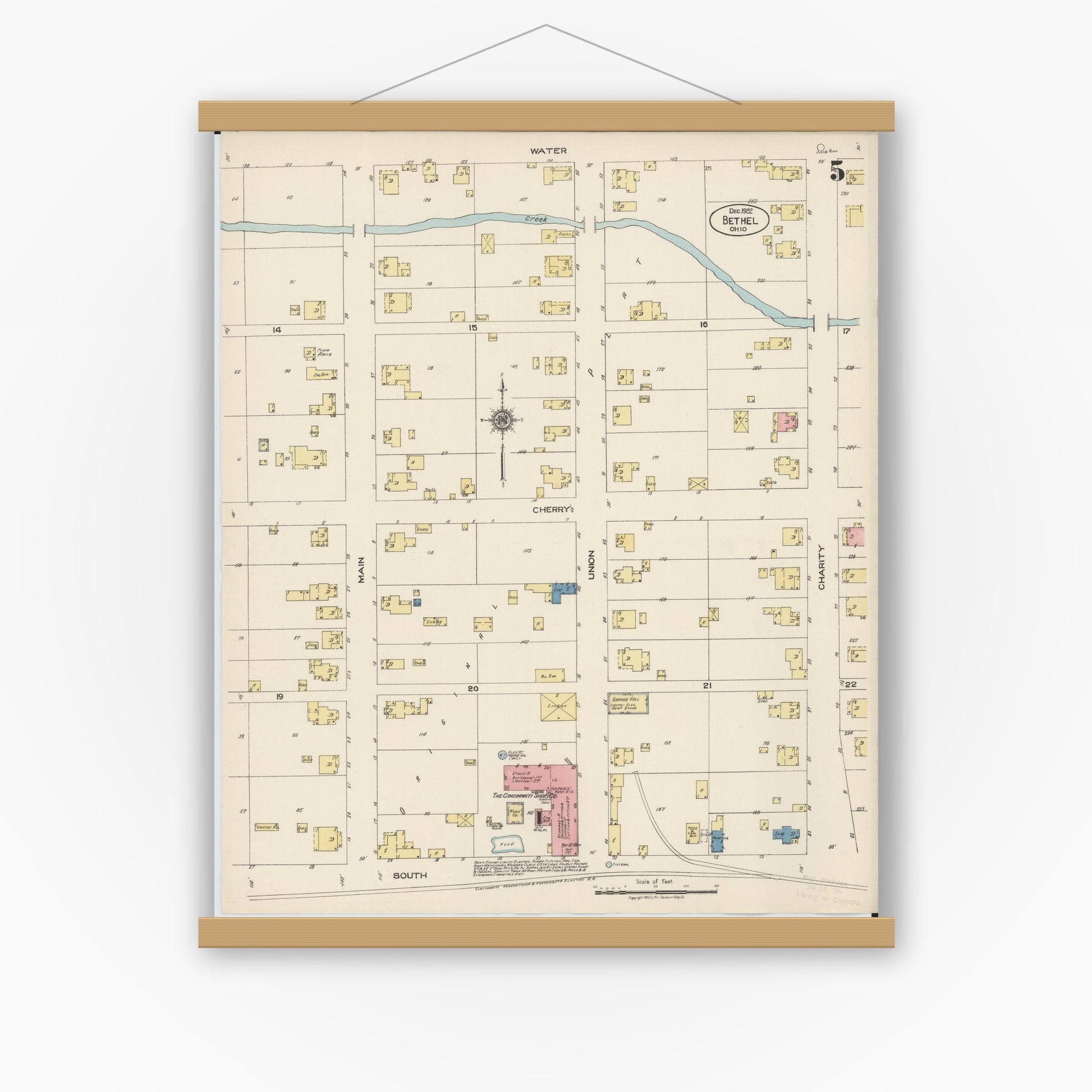 Old map wall art mockup — magnetic wood frame on white wall — Sanborn Fire Insurance Map from Bethel, Clermont County, Ohio (1922), Sheet #0005