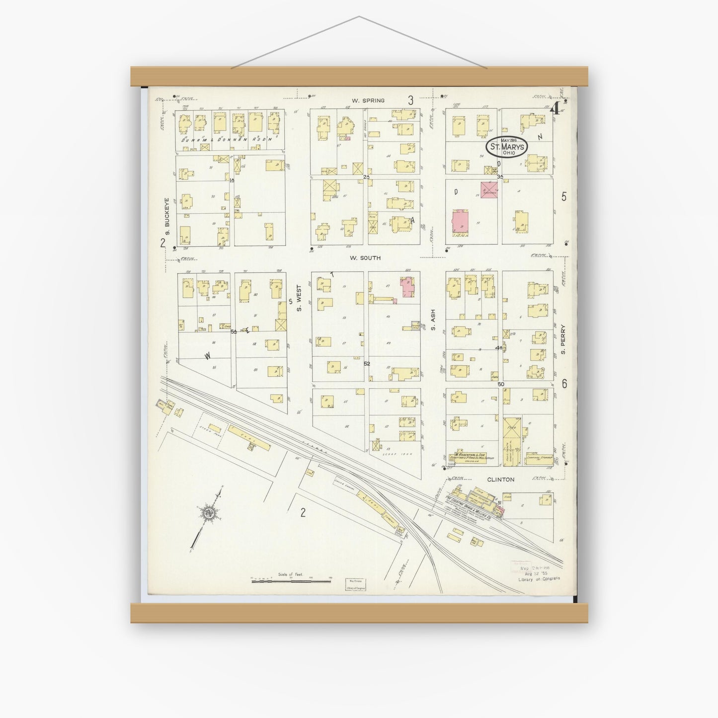 Old map wall art mockup — magnetic wood frame on white wall — Sanborn Fire Insurance Map from Saint Marys, Auglaize County, Ohio (1914), Sheet #0004