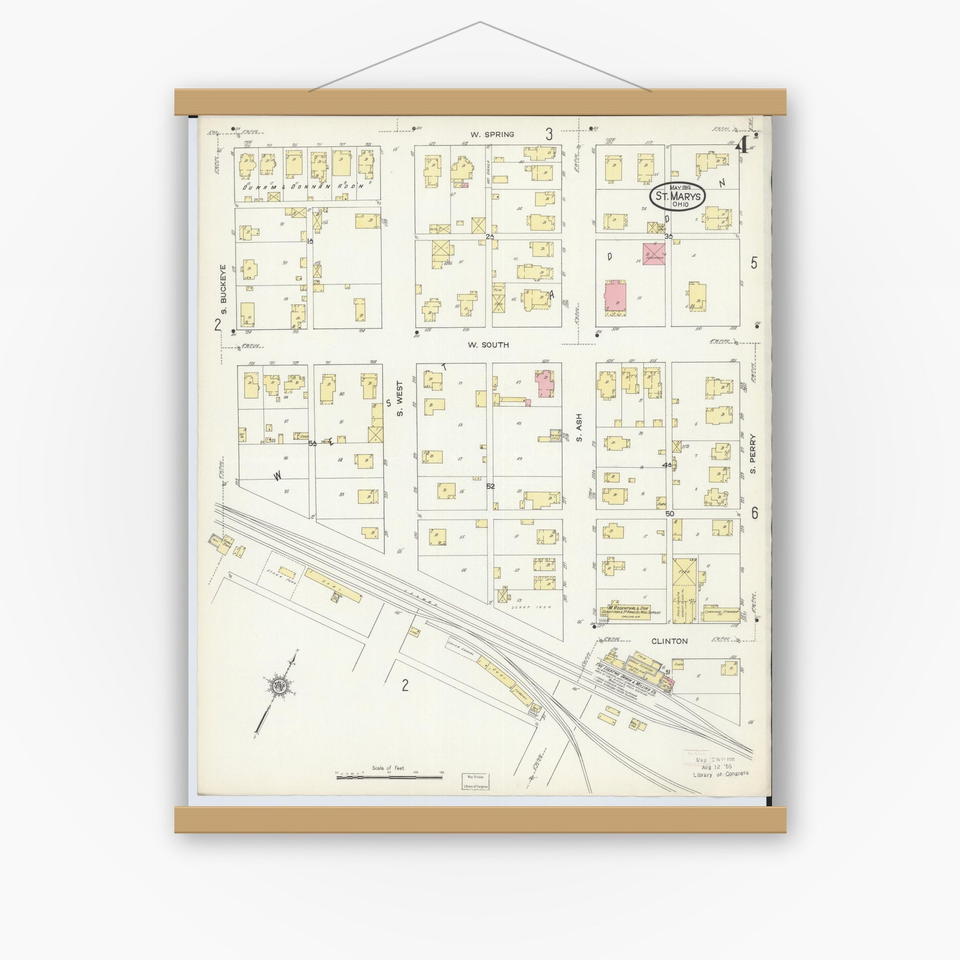 Old map wall art mockup — magnetic wood frame on white wall — Sanborn Fire Insurance Map from Saint Marys, Auglaize County, Ohio (1914), Sheet #0004