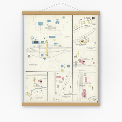 Old map wall art mockup — magnetic wood frame on white wall — Sanborn Fire Insurance Map from Clinton, Vermillion County, Indiana (1915), Sheet #0018