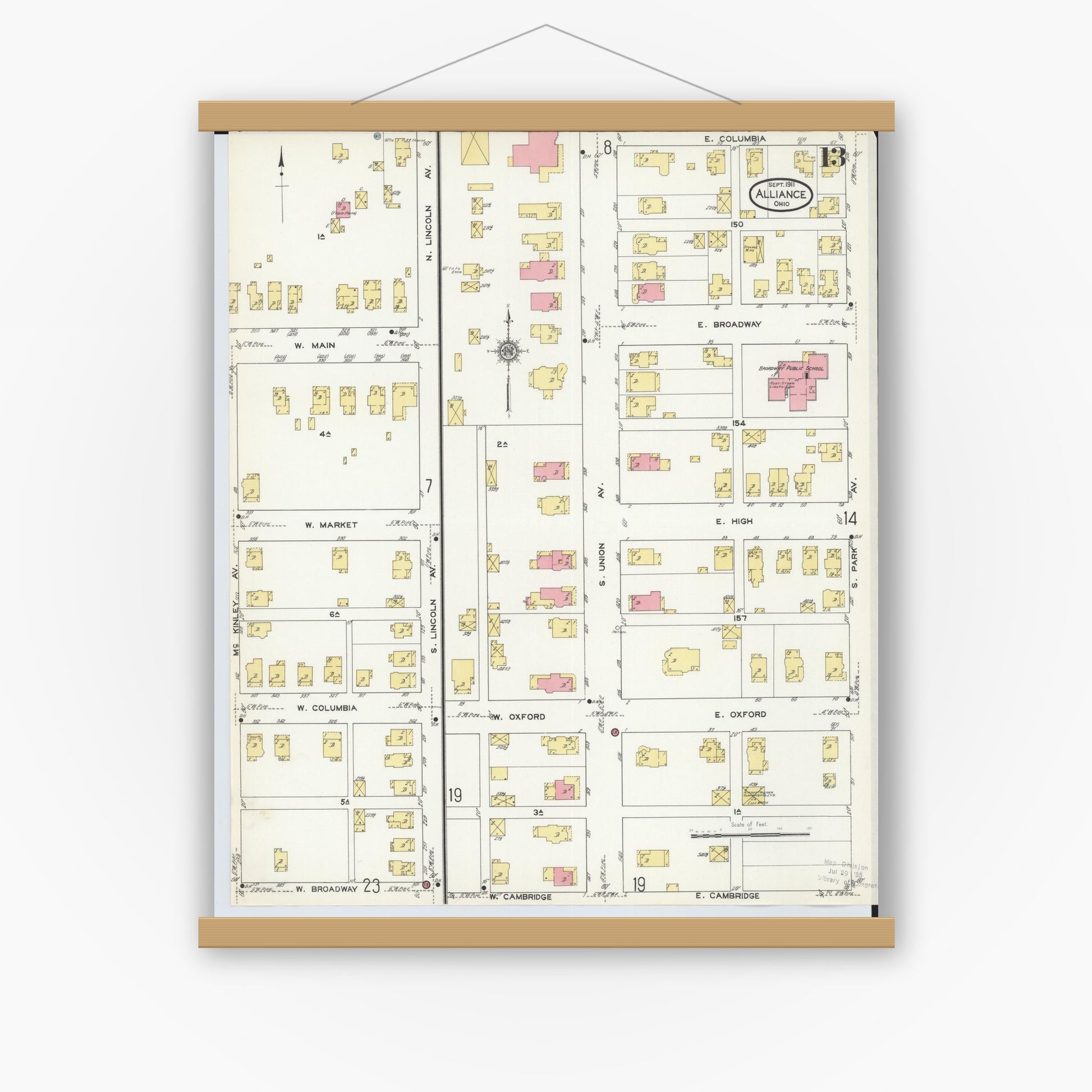 Old map wall art mockup — magnetic wood frame on white wall — Sanborn Fire Insurance Map from Alliance, Stark County, Ohio (1911), Sheet #0013