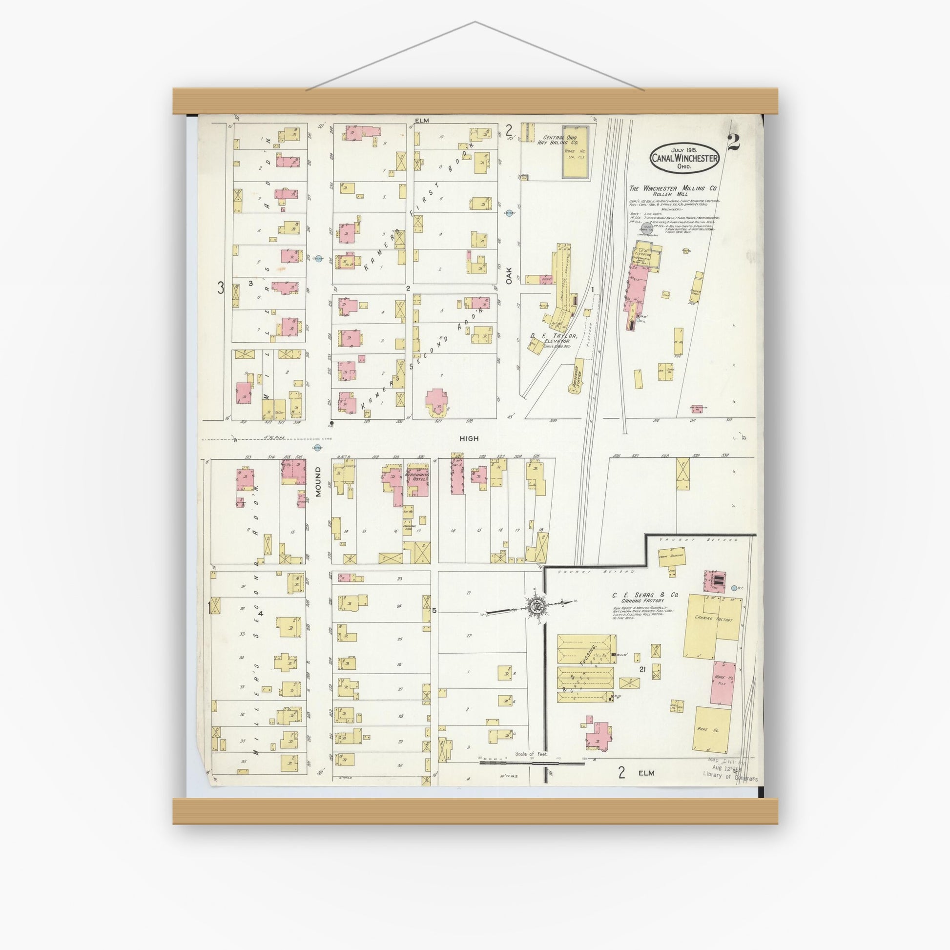 Old map wall art mockup — magnetic wood frame on white wall — Sanborn Fire Insurance Map from Canal Winchester, Franklin County, Ohio (1915), Sheet #0002