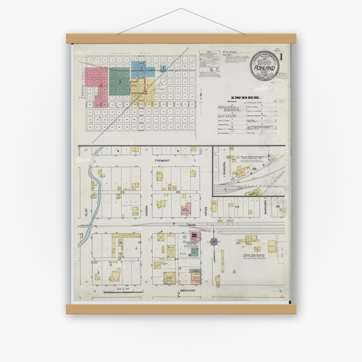 Old map wall art mockup — magnetic wood frame on white wall — Sanborn Fire Insurance Map from Ashland, Cass County, Illinois (1909), Sheet #0001