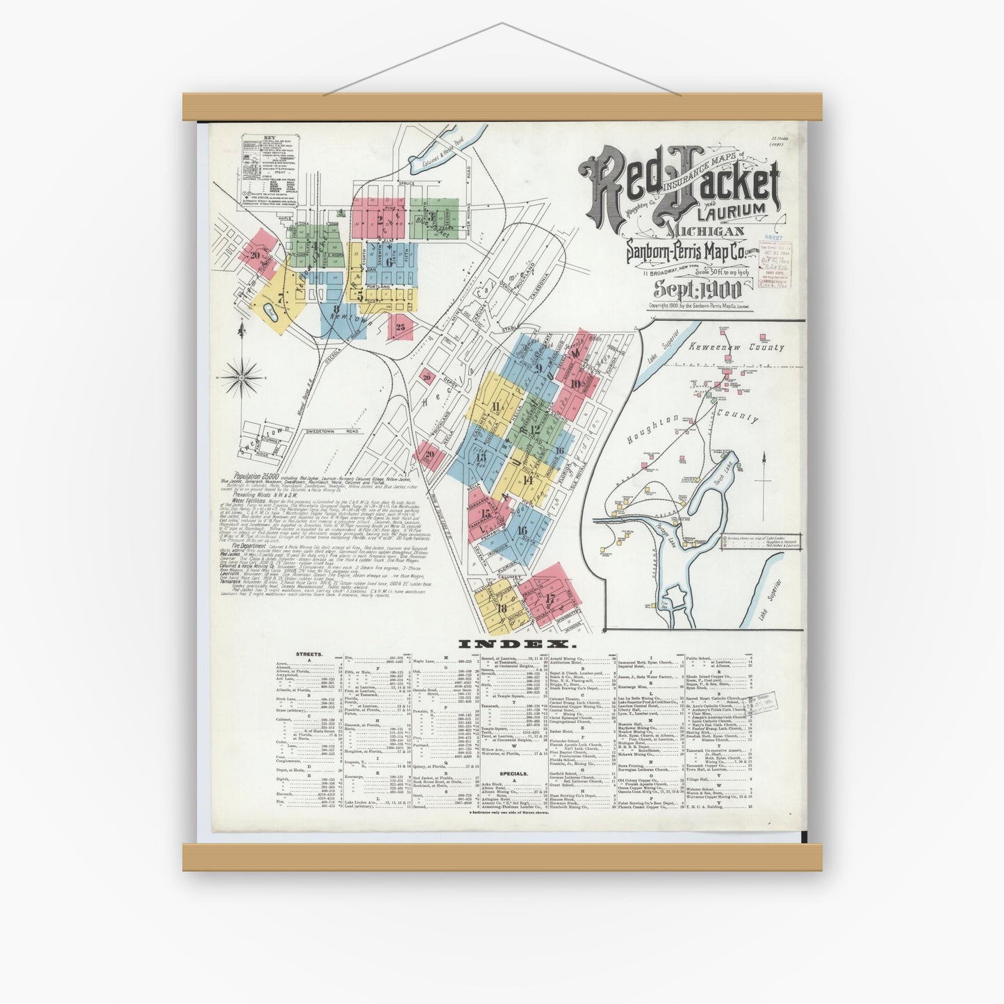 Old map wall art mockup — magnetic wood frame on white wall — Sanborn Fire Insurance Map from Red Jacket, Houghton County, Michigan (1900) - Complete Map Set