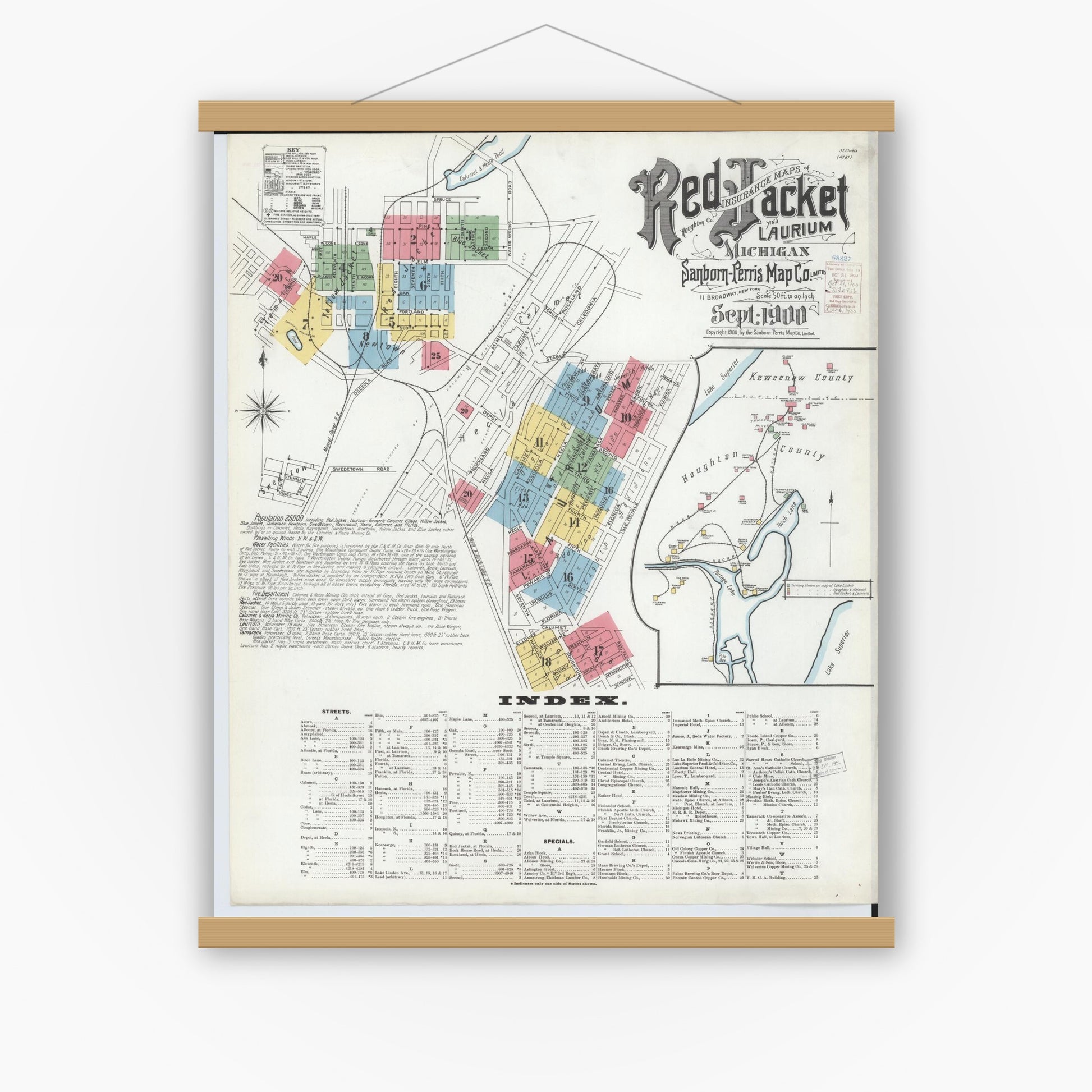 Old map wall art mockup — magnetic wood frame on white wall — Sanborn Fire Insurance Map from Red Jacket, Houghton County, Michigan (1900) - Complete Map Set