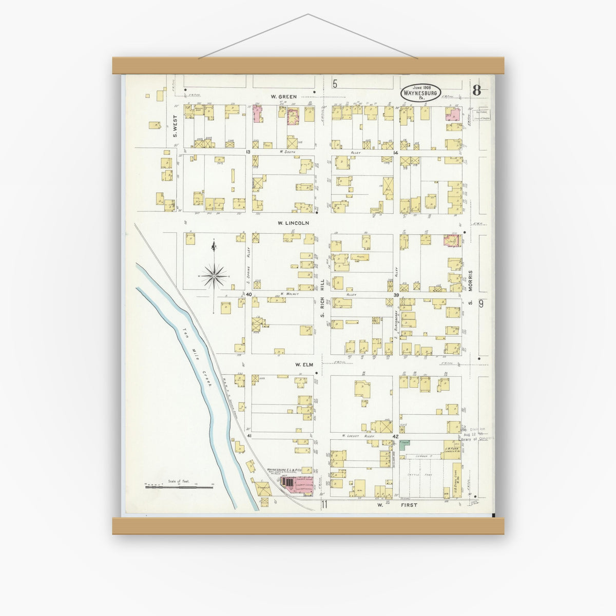 Old map wall art mockup — magnetic wood frame on white wall — Sanborn Fire Insurance Map from Waynesburg, Greene County, Pennsylvania (1908), Sheet #0008