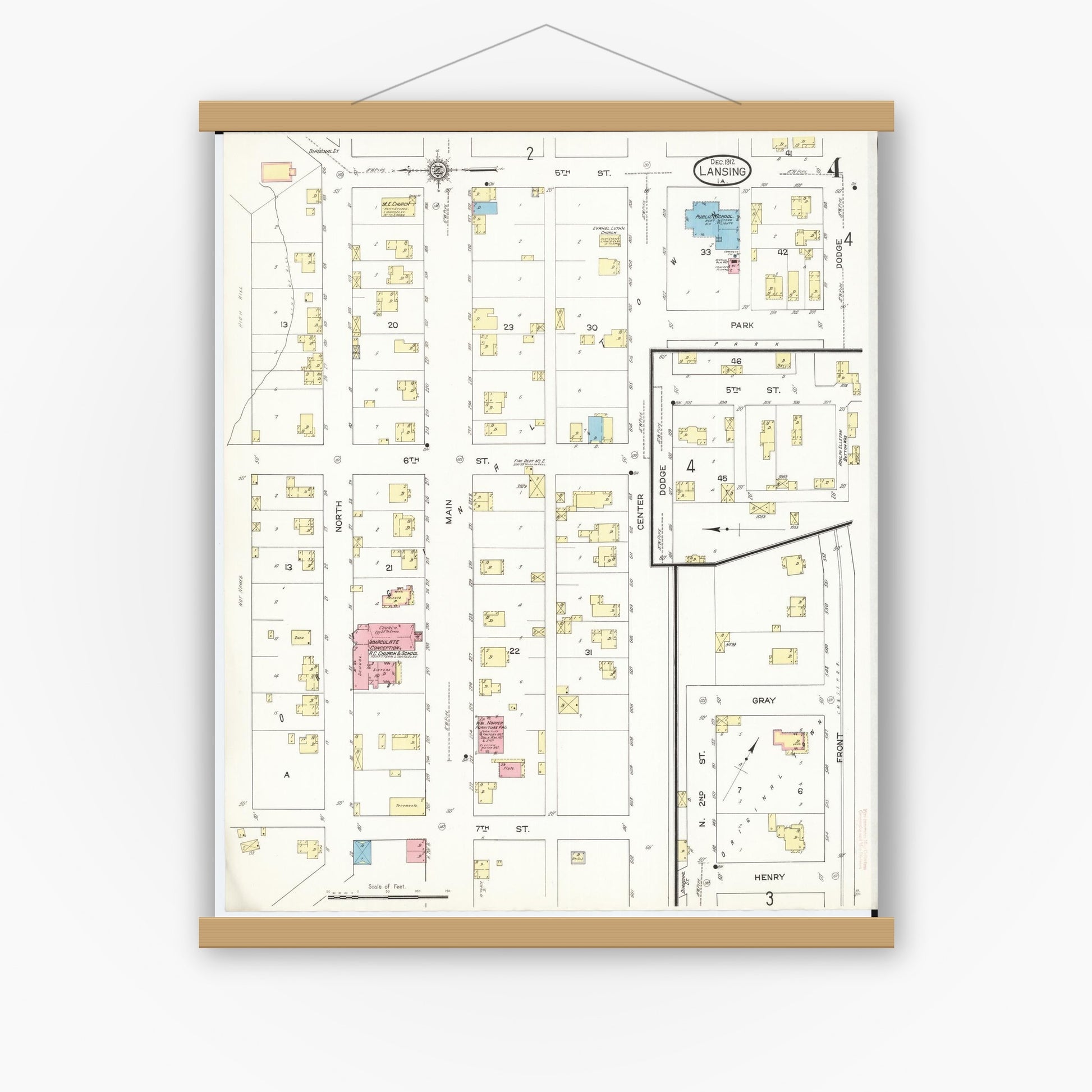 Old map wall art mockup — magnetic wood frame on white wall — Sanborn Fire Insurance Map from Lansing, Allamakee County, Iowa (1912), Sheet #0004