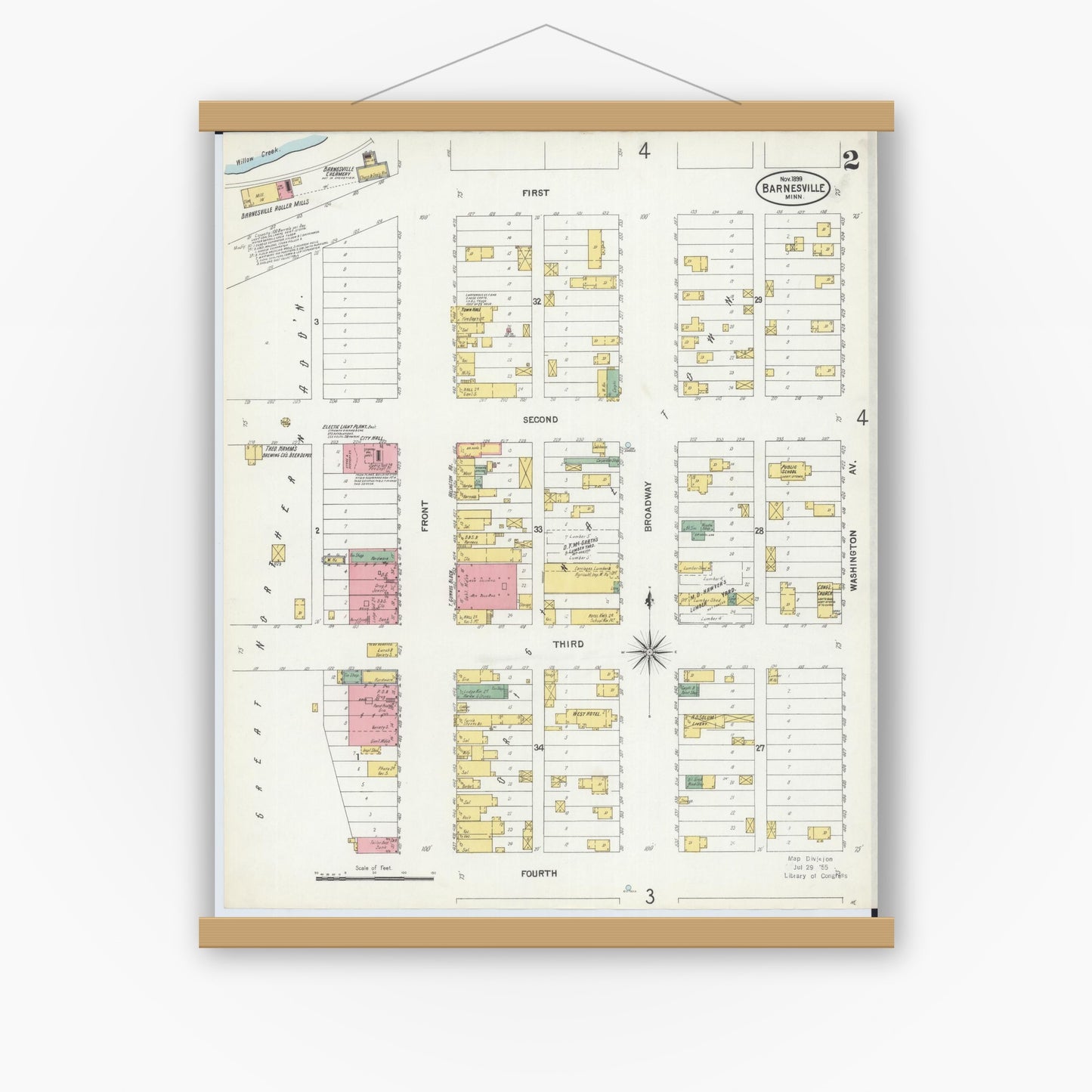 Old map wall art mockup — magnetic wood frame on white wall — Sanborn Fire Insurance Map from Barnesville, Clay County, Minnesota (1899), Sheet #0002