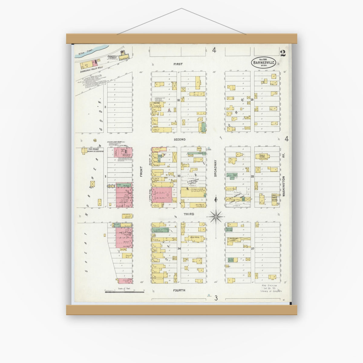 Old map wall art mockup — magnetic wood frame on white wall — Sanborn Fire Insurance Map from Barnesville, Clay County, Minnesota (1899), Sheet #0002