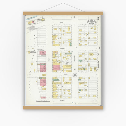 Old map wall art mockup — magnetic wood frame on white wall — Sanborn Fire Insurance Map from Barnesville, Clay County, Minnesota (1899), Sheet #0002