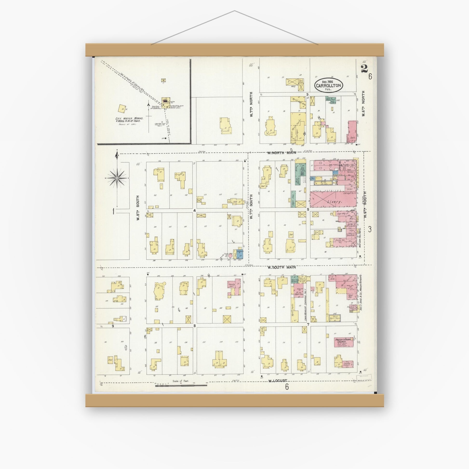 Old map wall art mockup — magnetic wood frame on white wall — Sanborn Fire Insurance Map from Carrollton, Greene County, Illinois (1906), Sheet #0002