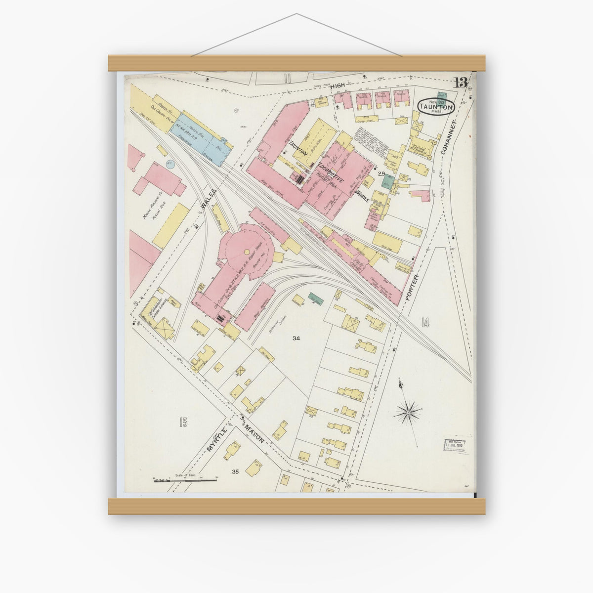 Old map wall art mockup — magnetic wood frame on white wall — Sanborn Fire Insurance Map from Taunton, Bristol County, Massachusetts (1893), Sheet #0013