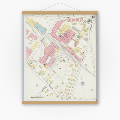 Old map wall art mockup — magnetic wood frame on white wall — Sanborn Fire Insurance Map from Taunton, Bristol County, Massachusetts (1893), Sheet #0013