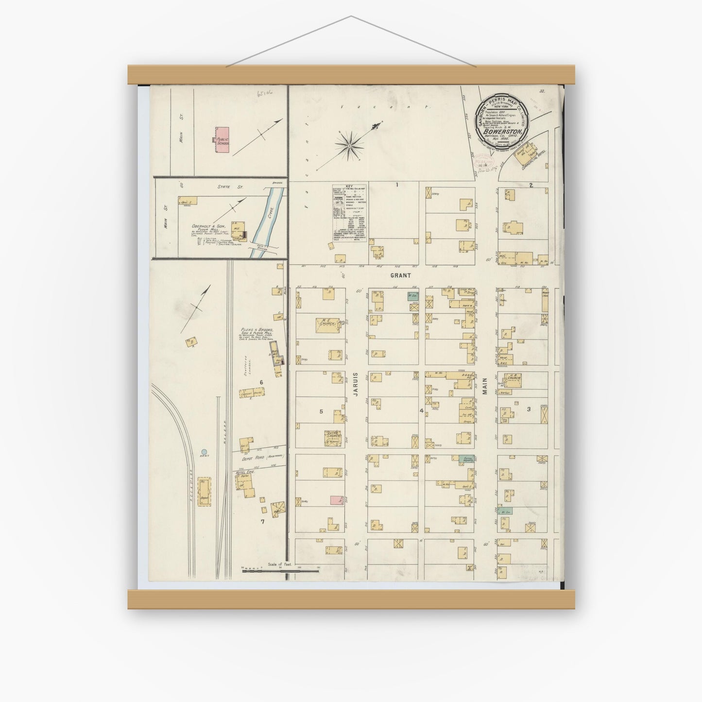 Old map wall art mockup — magnetic wood frame on white wall — Sanborn Fire Insurance Map from Bowerston, Harrison County, Ohio (1895), Sheet #0001