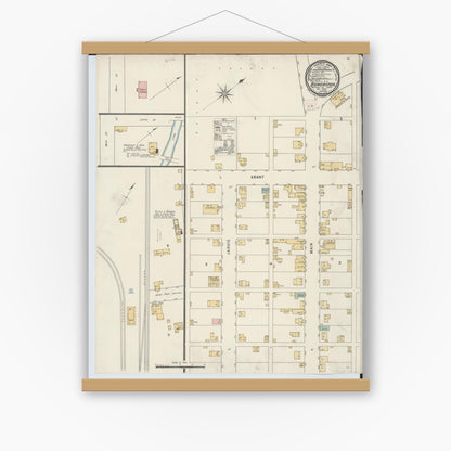 Old map wall art mockup — magnetic wood frame on white wall — Sanborn Fire Insurance Map from Bowerston, Harrison County, Ohio (1895), Sheet #0001