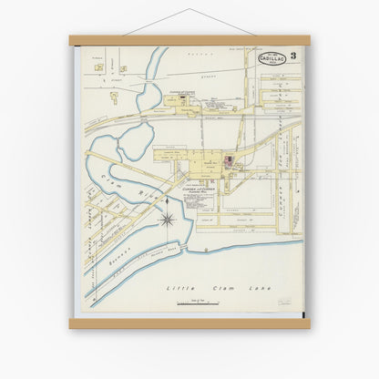 Old map wall art mockup — magnetic wood frame on white wall — Sanborn Fire Insurance Map from Cadillac, Wexford County, Michigan (1890), Sheet #0003