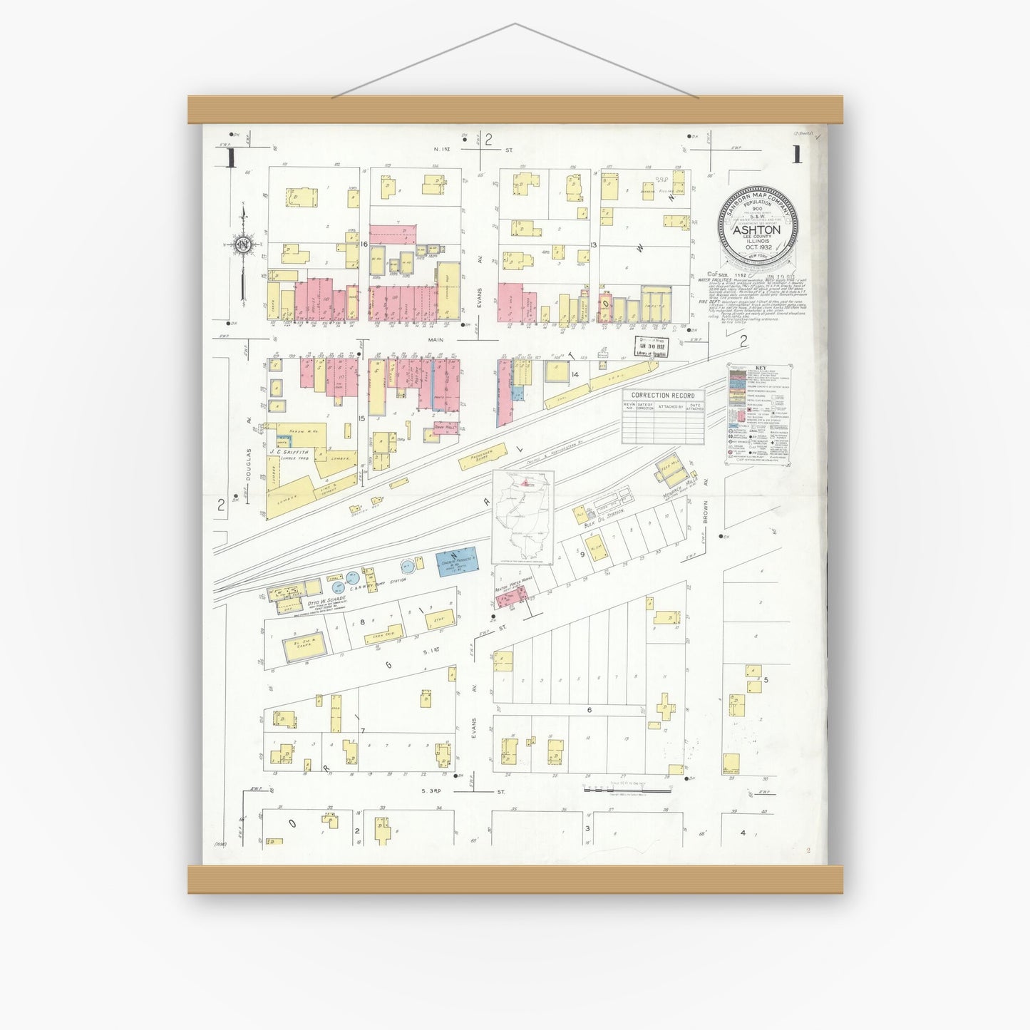 Old map wall art mockup — magnetic wood frame on white wall — Sanborn Fire Insurance Map from Ashton, Lee County, Illinois (1932) - Complete Map Set