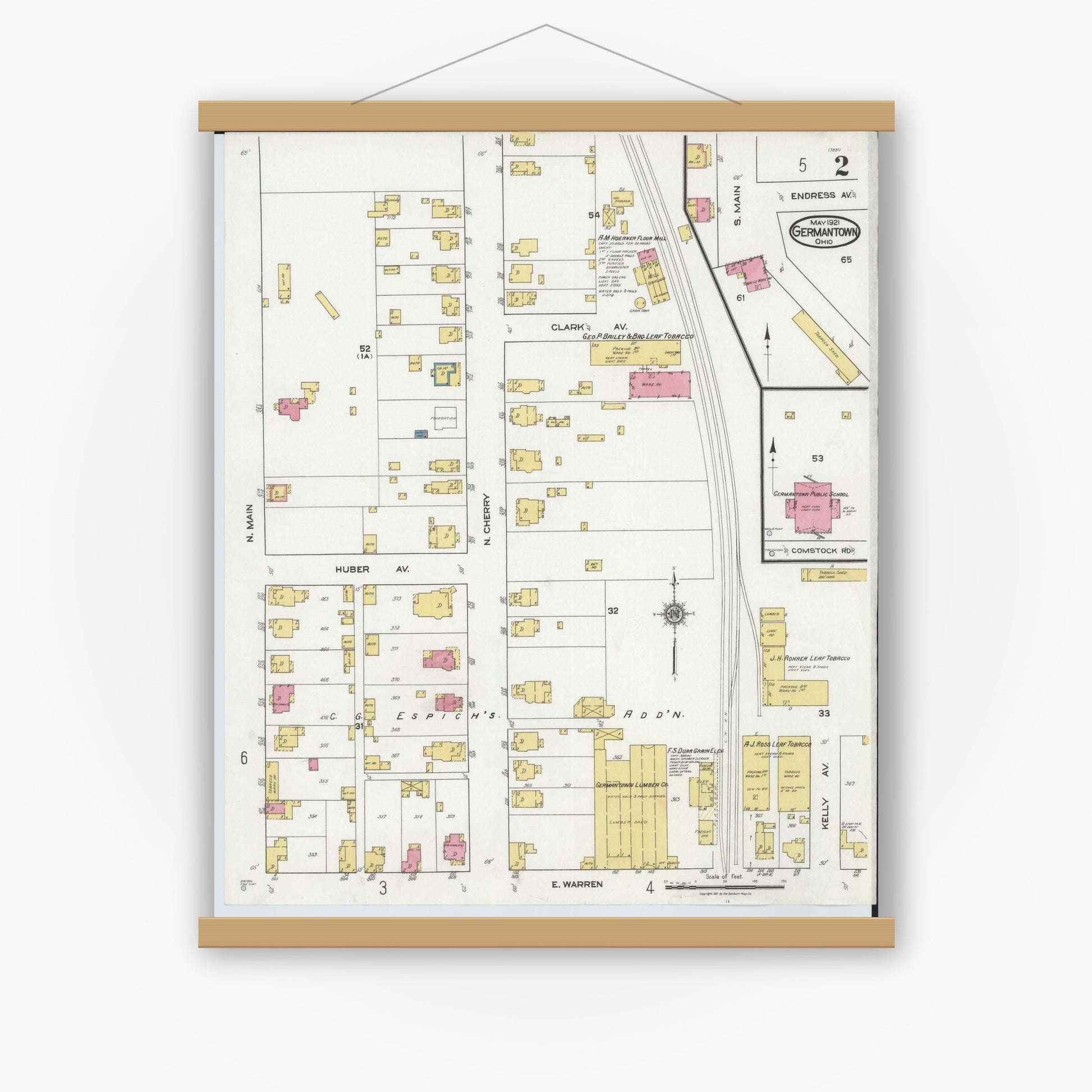 Old map wall art mockup — magnetic wood frame on white wall — Sanborn Fire Insurance Map from Germantown, Montgomery County, Ohio (1921), Sheet #0002