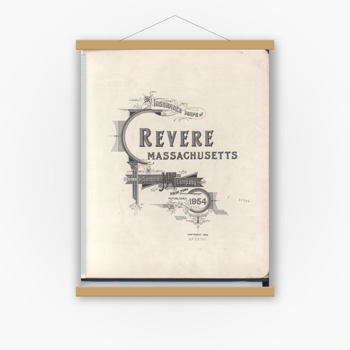 Old map wall art mockup — magnetic wood frame on white wall — Sanborn Fire Insurance Map from Revere, Suffolk County, Massachusetts (1954), Sheet #0001