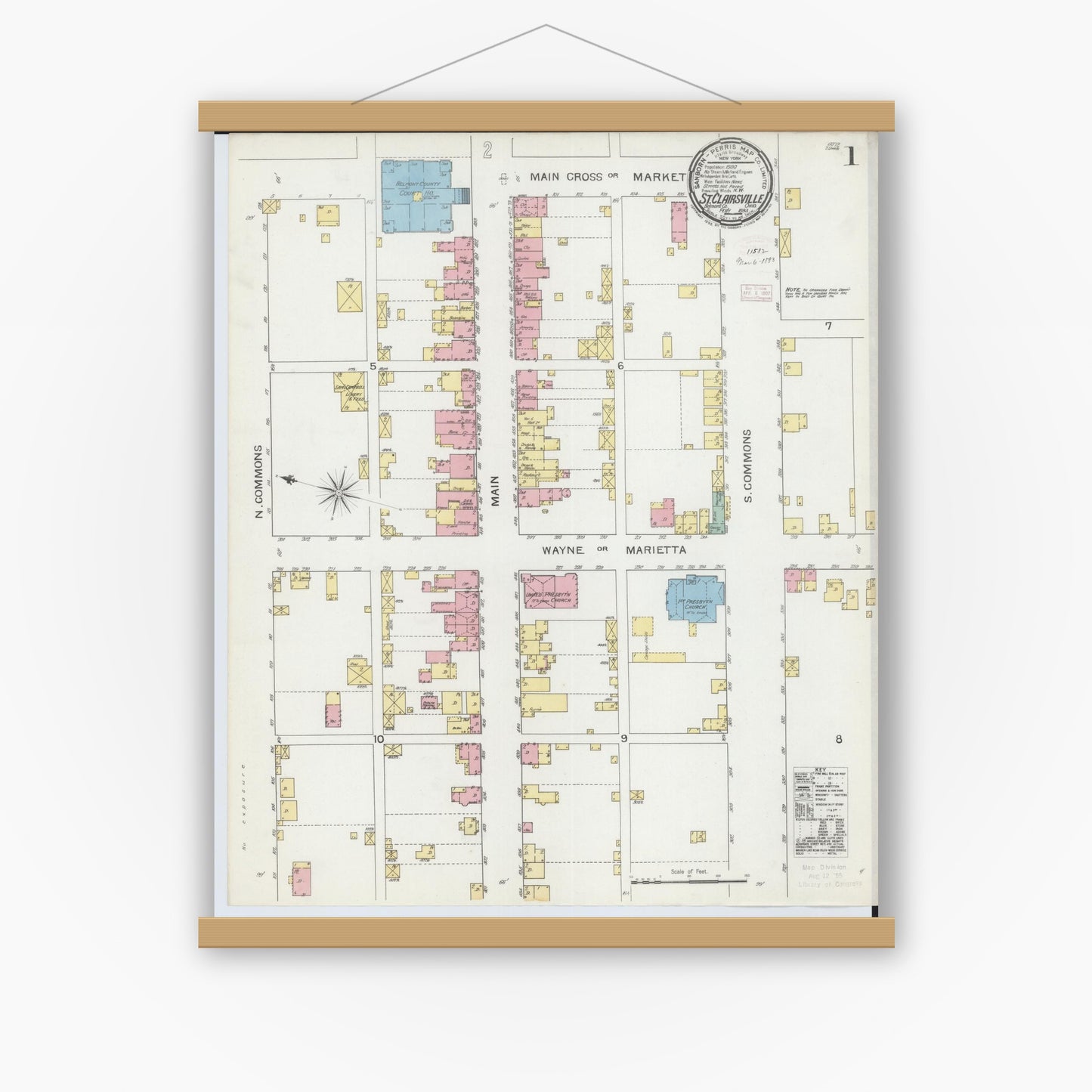 Old map wall art mockup — magnetic wood frame on white wall — Sanborn Fire Insurance Map from Saint Clairsville, Belmont County, Ohio (1893), Sheet #0001