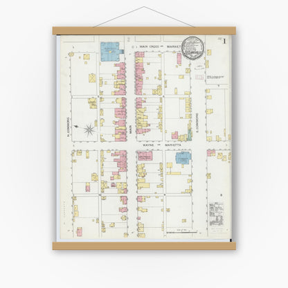 Old map wall art mockup — magnetic wood frame on white wall — Sanborn Fire Insurance Map from Saint Clairsville, Belmont County, Ohio (1893), Sheet #0001