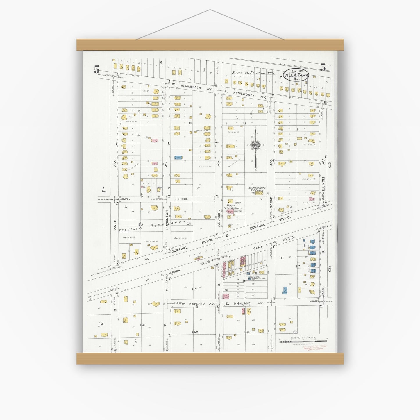 Old map wall art mockup — magnetic wood frame on white wall — Sanborn Fire Insurance Map from Villa Park, Du Page County, Illinois (1925), Sheet #0005
