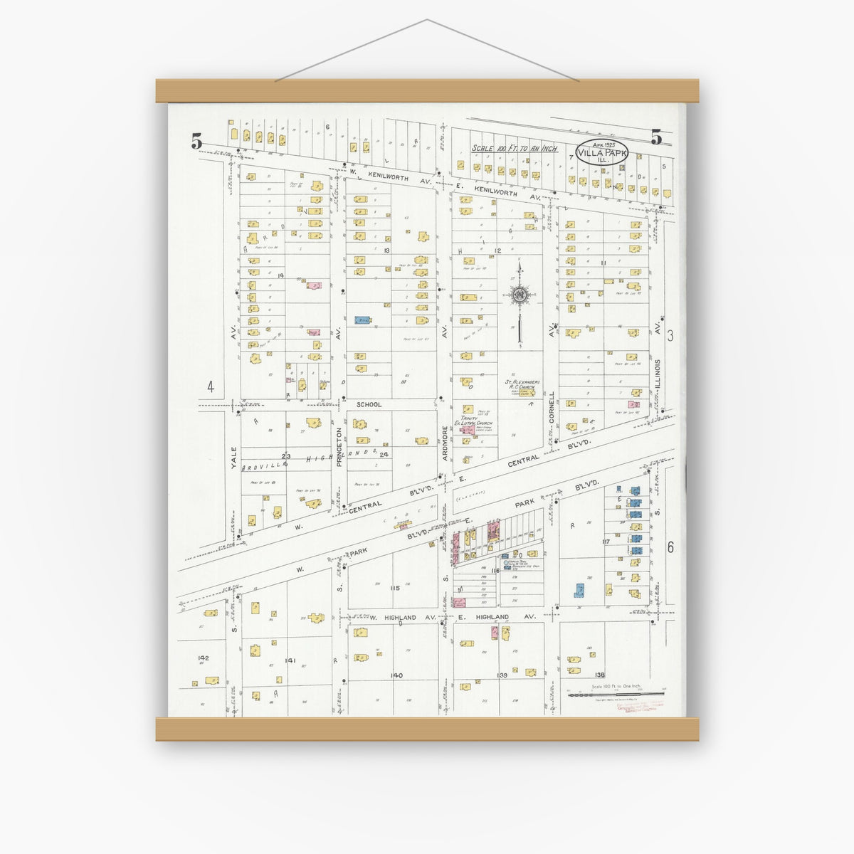 Old map wall art mockup — magnetic wood frame on white wall — Sanborn Fire Insurance Map from Villa Park, Du Page County, Illinois (1925), Sheet #0005