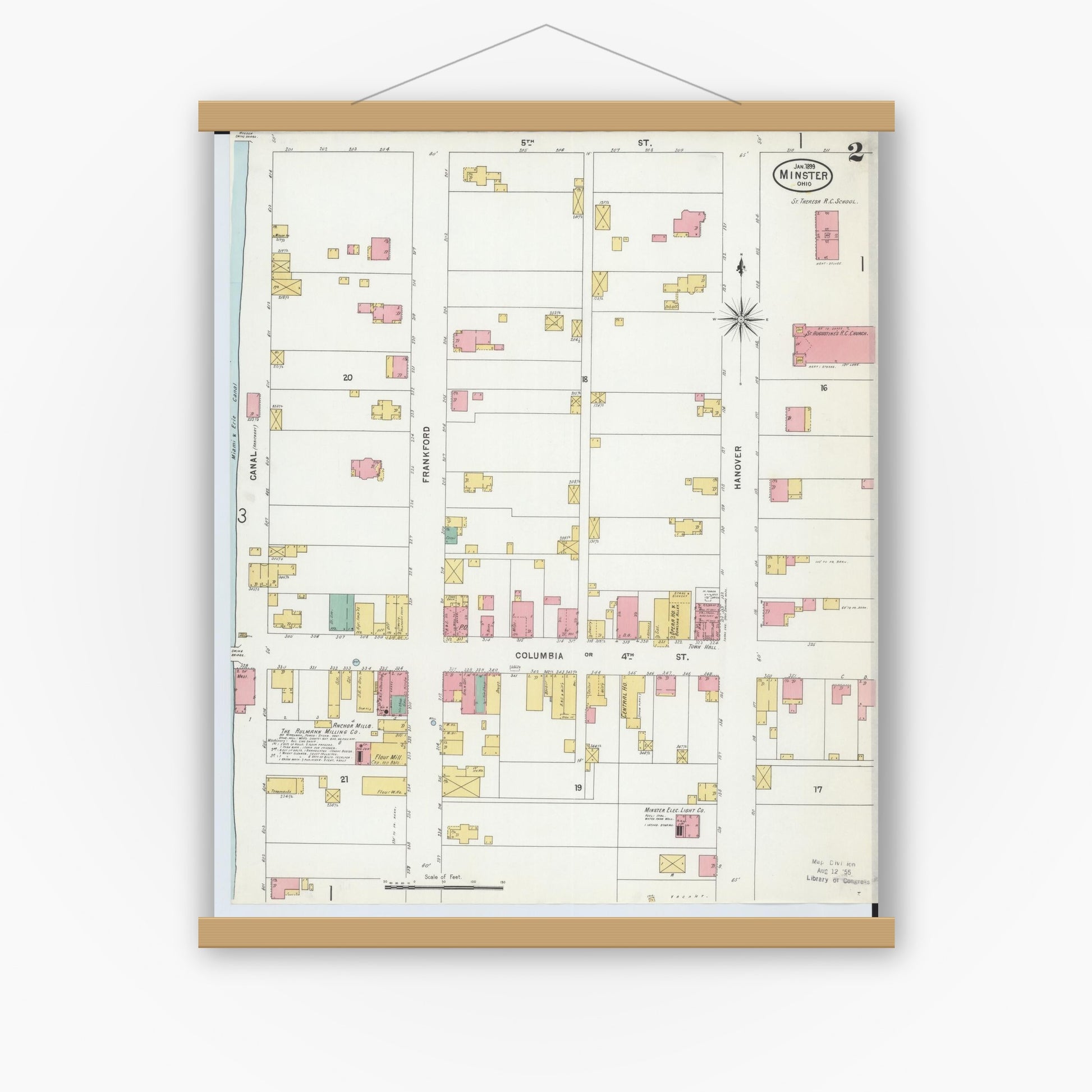Old map wall art mockup — magnetic wood frame on white wall — Sanborn Fire Insurance Map from Minster, Auglaize County, Ohio (1899), Sheet #0002